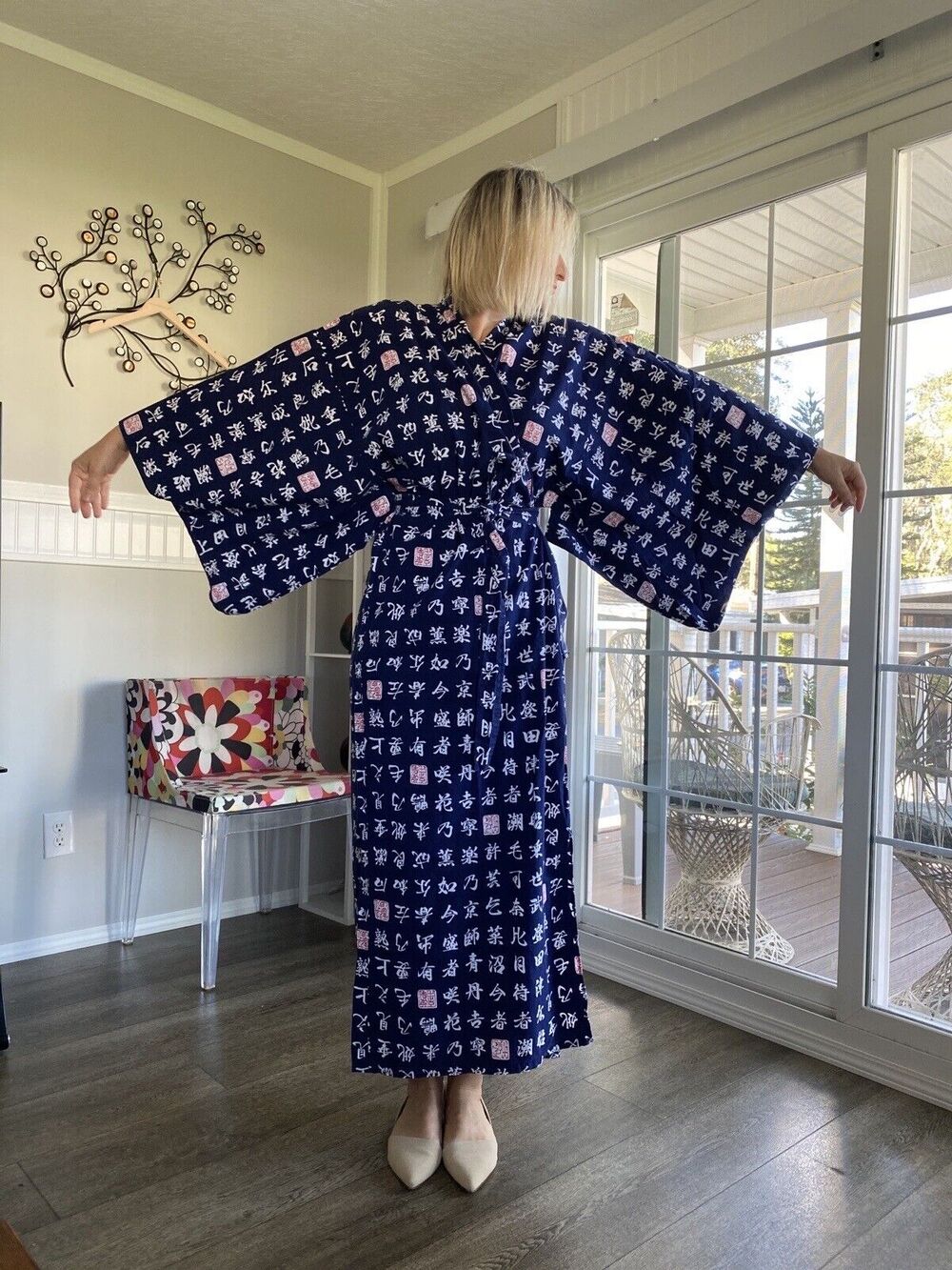 Japanese Blue & White Lightweight Cotton Kimono Robe One Size 55" Long